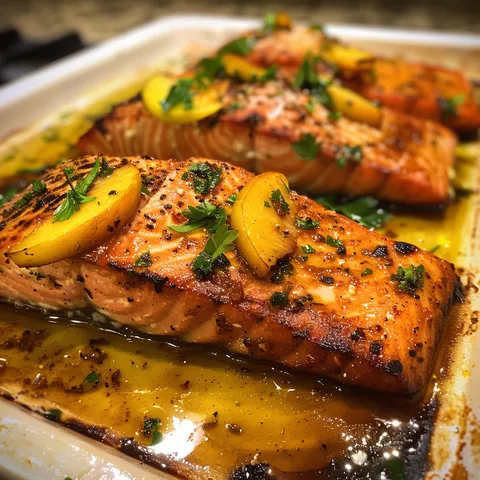 Two pieces of salmon with herbs on top.