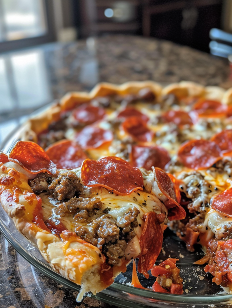 A pizza with pepperoni and sausage on a glass plate.