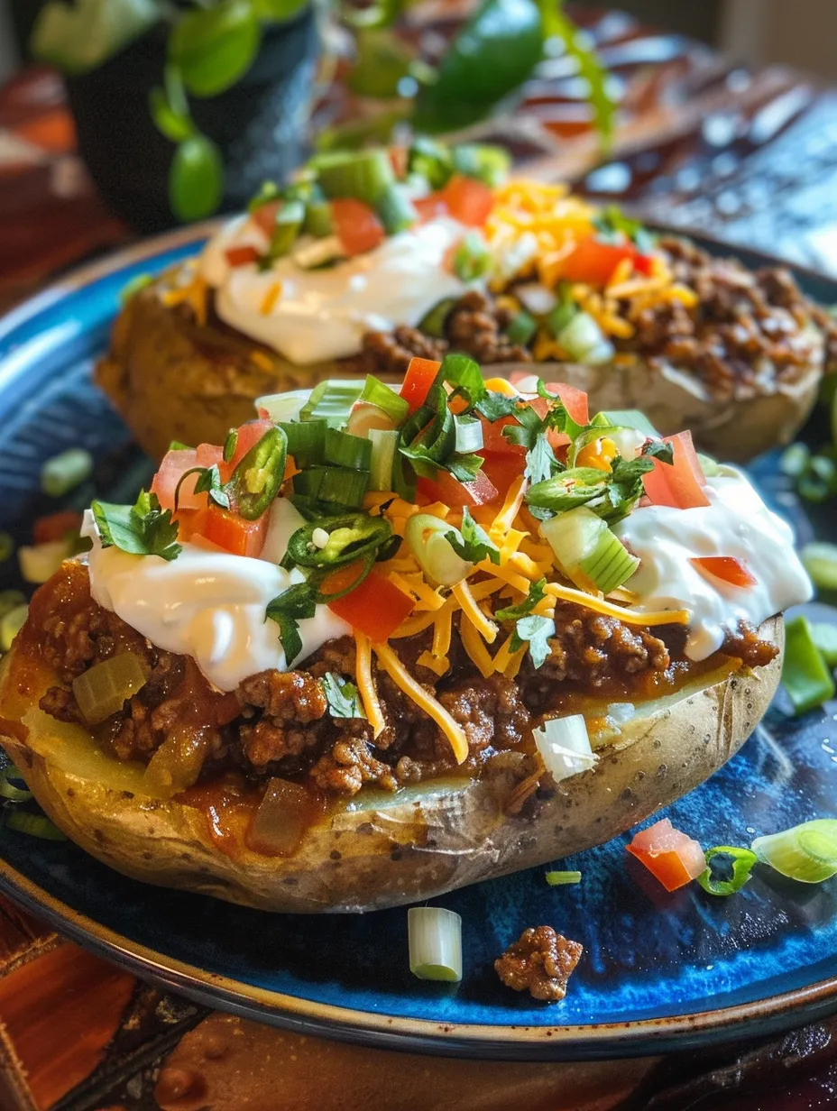 A plate of food with two potatoes and meat on top.