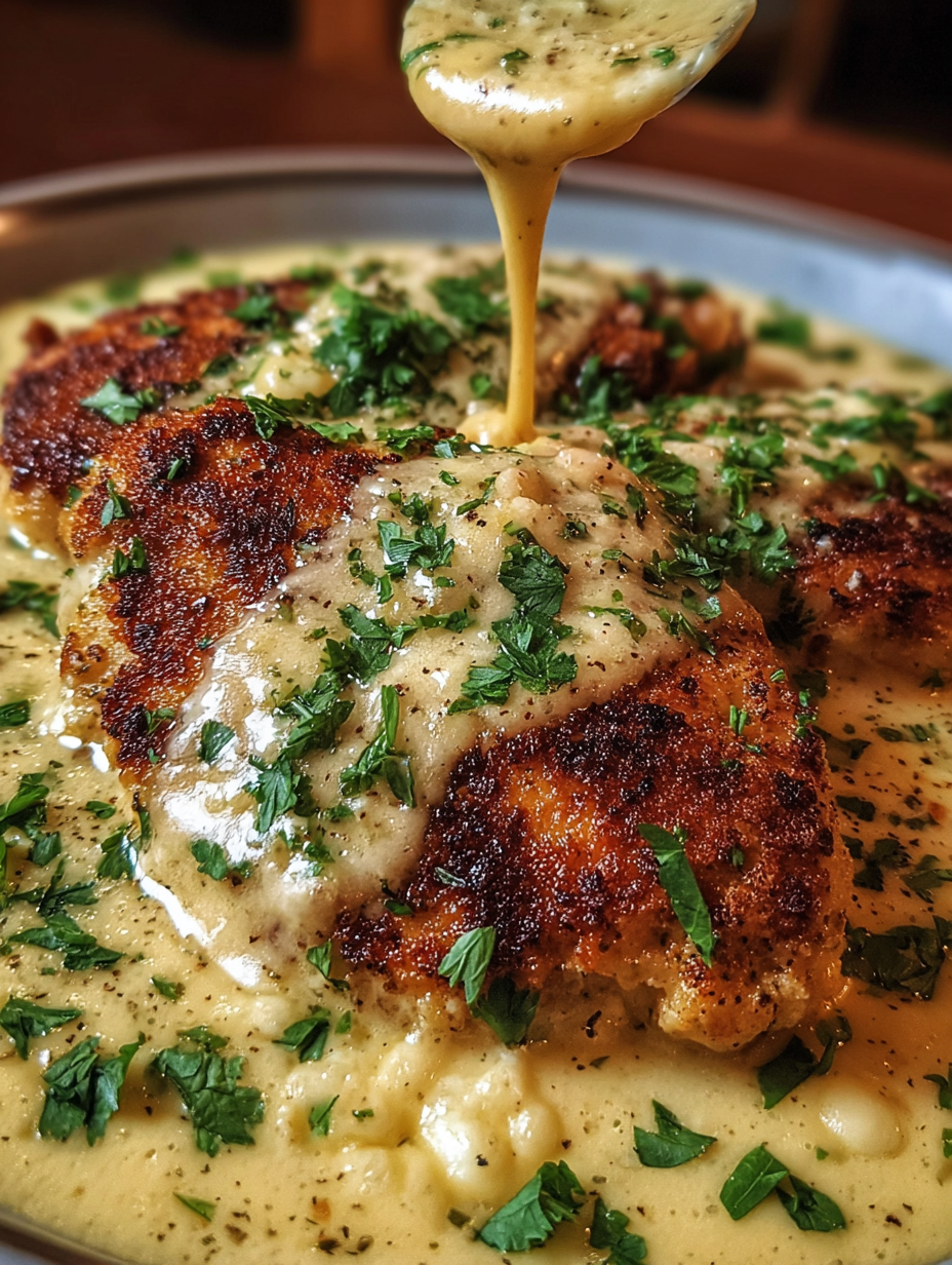 A piece of chicken with sauce drizzled on it.