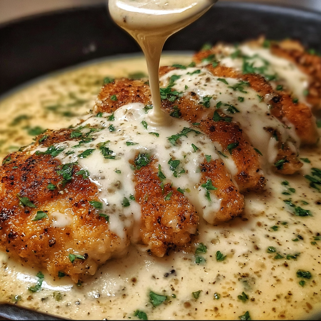 A piece of chicken with sauce drizzled on it.