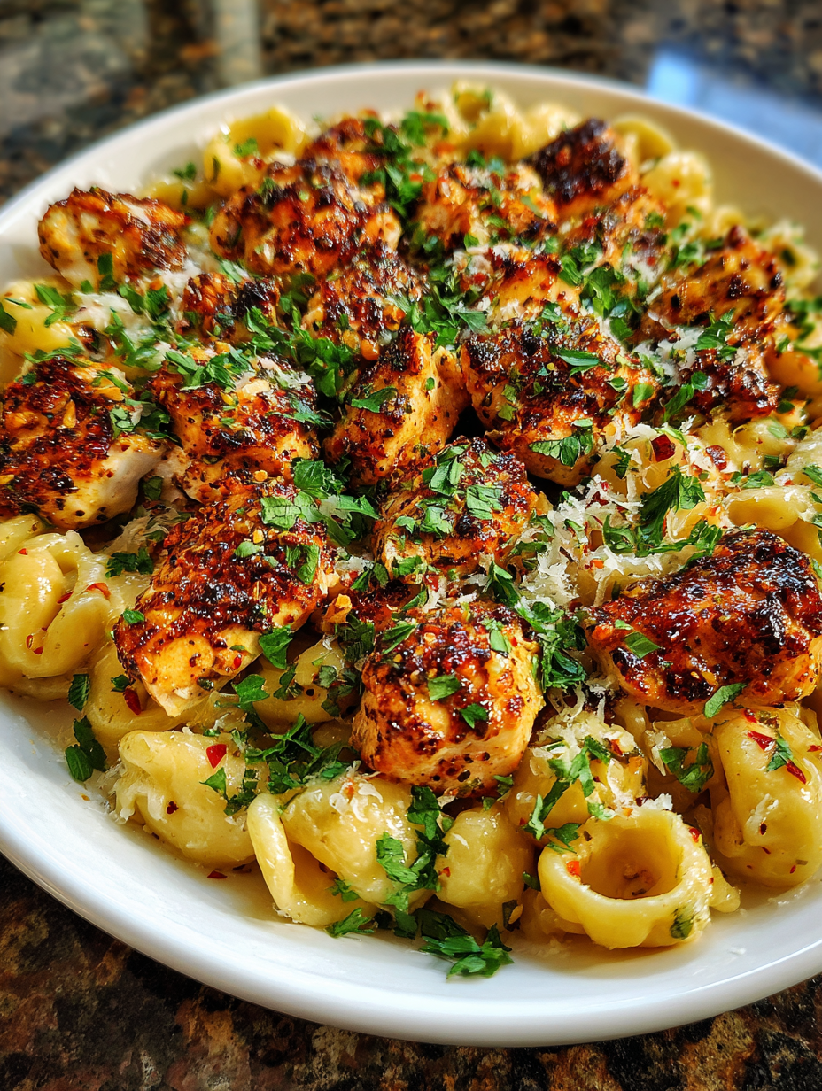 A bowl of pasta with chicken and cheese.