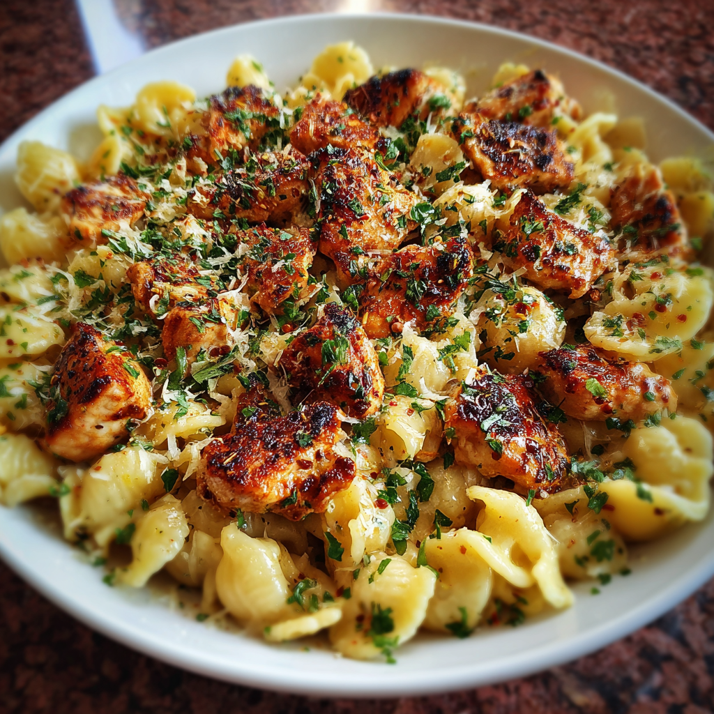 A bowl of pasta with chicken and herbs.