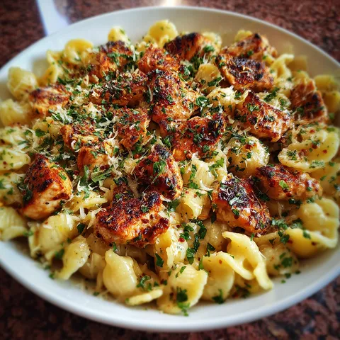 A bowl of pasta with chicken and herbs.