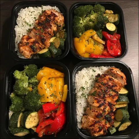 A meal of rice, chicken, and vegetables.