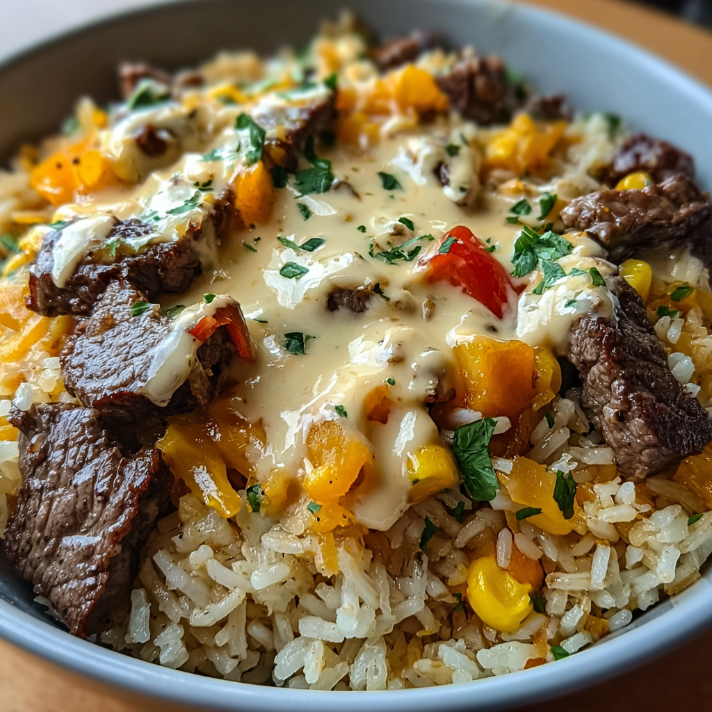 A bowl of rice with meat and vegetables.
