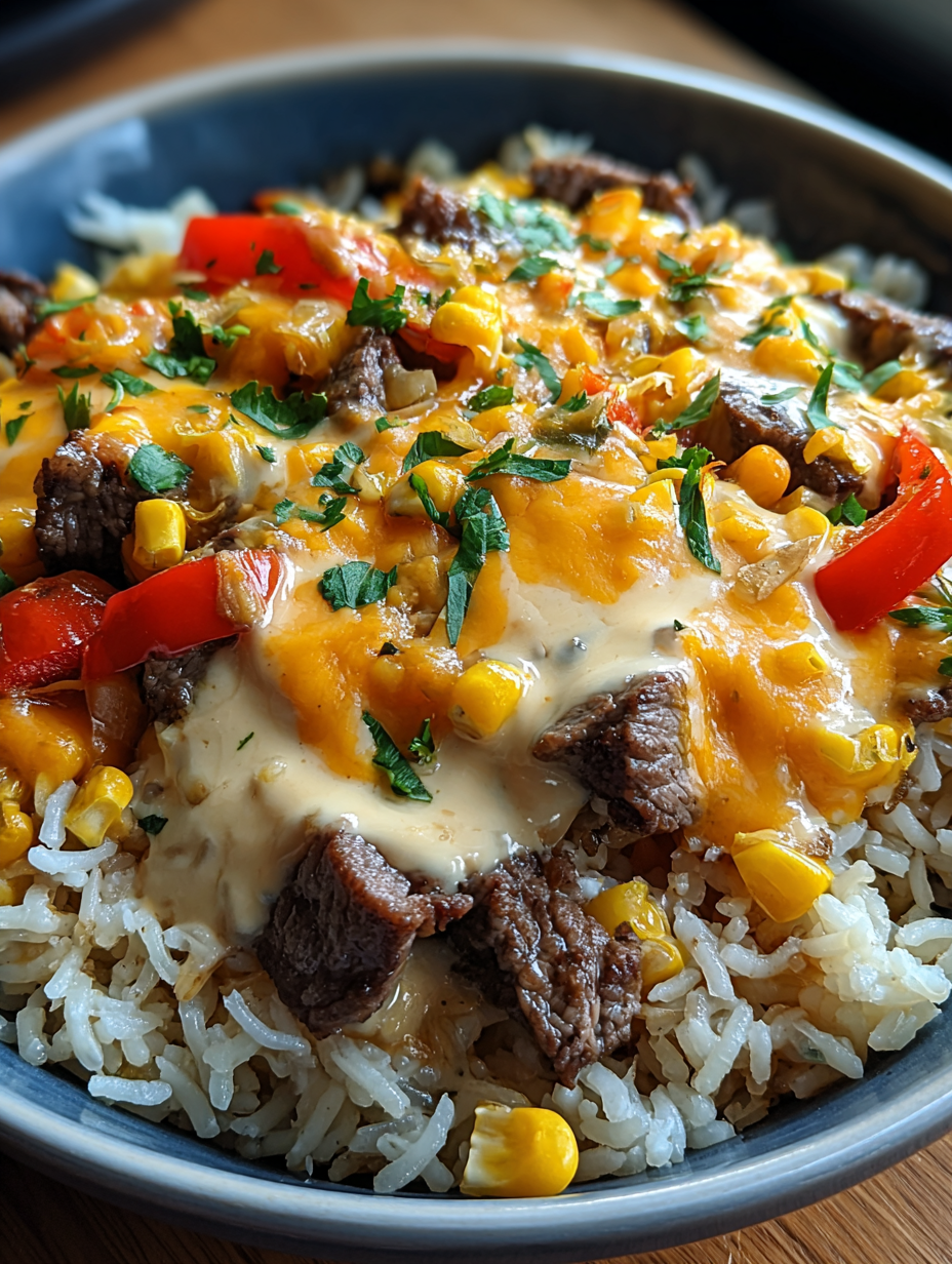 A bowl of rice with meat and vegetables.