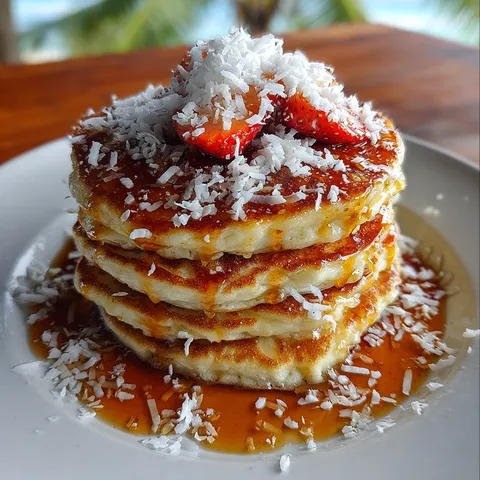 A stack of pancakes with strawberries on top.