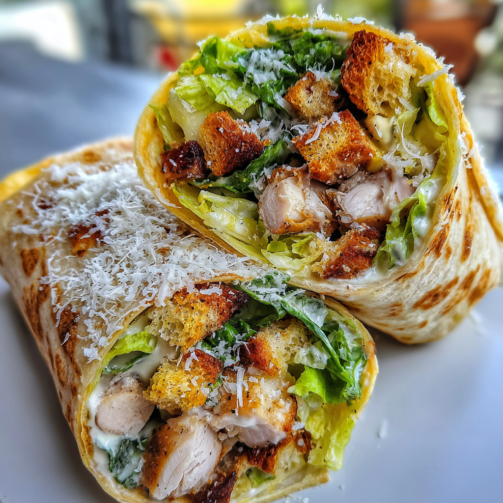 A chicken wrap with lettuce and cheese.