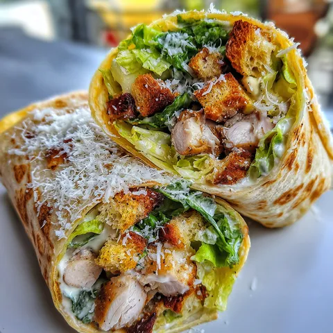 A chicken wrap with lettuce and cheese.