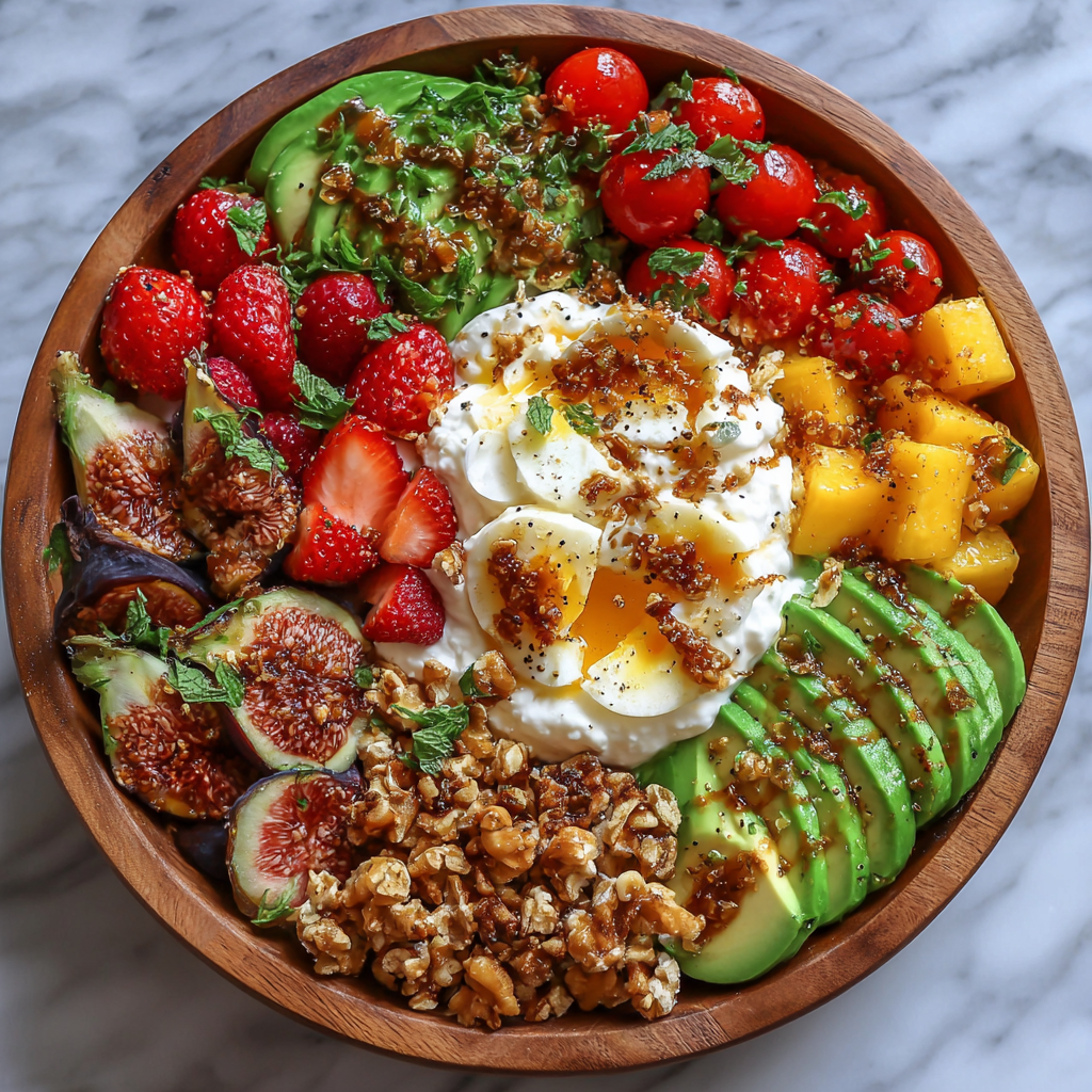 A wooden bowl filled with a variety of fruits and vegetables.