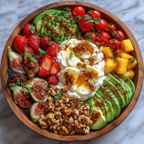 A wooden bowl filled with a variety of fruits and vegetables.