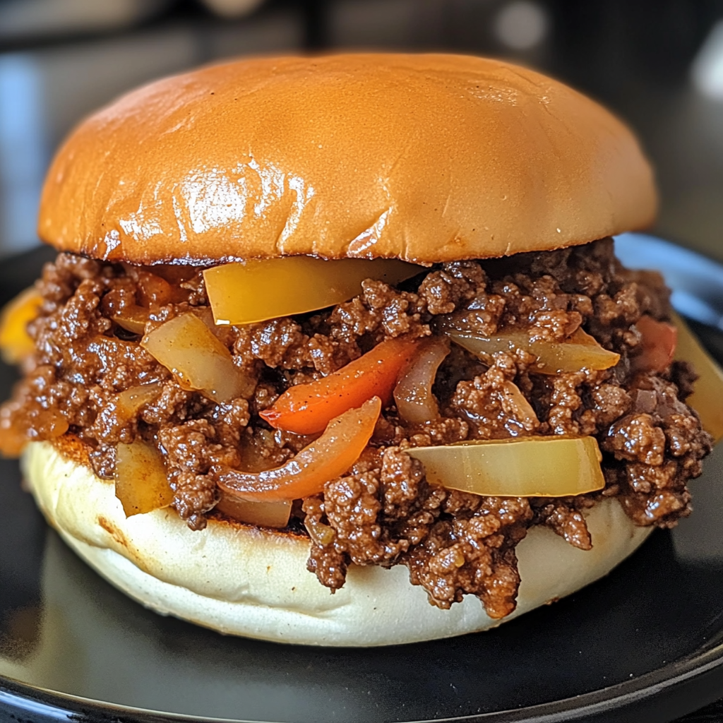 A burger with onions and peppers.