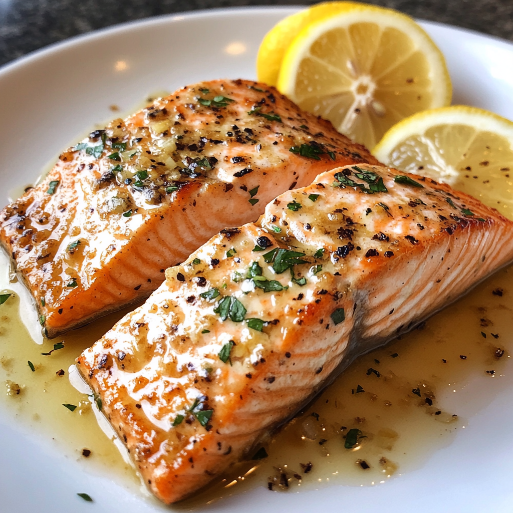 Two pieces of fish with lemon wedges on a plate.