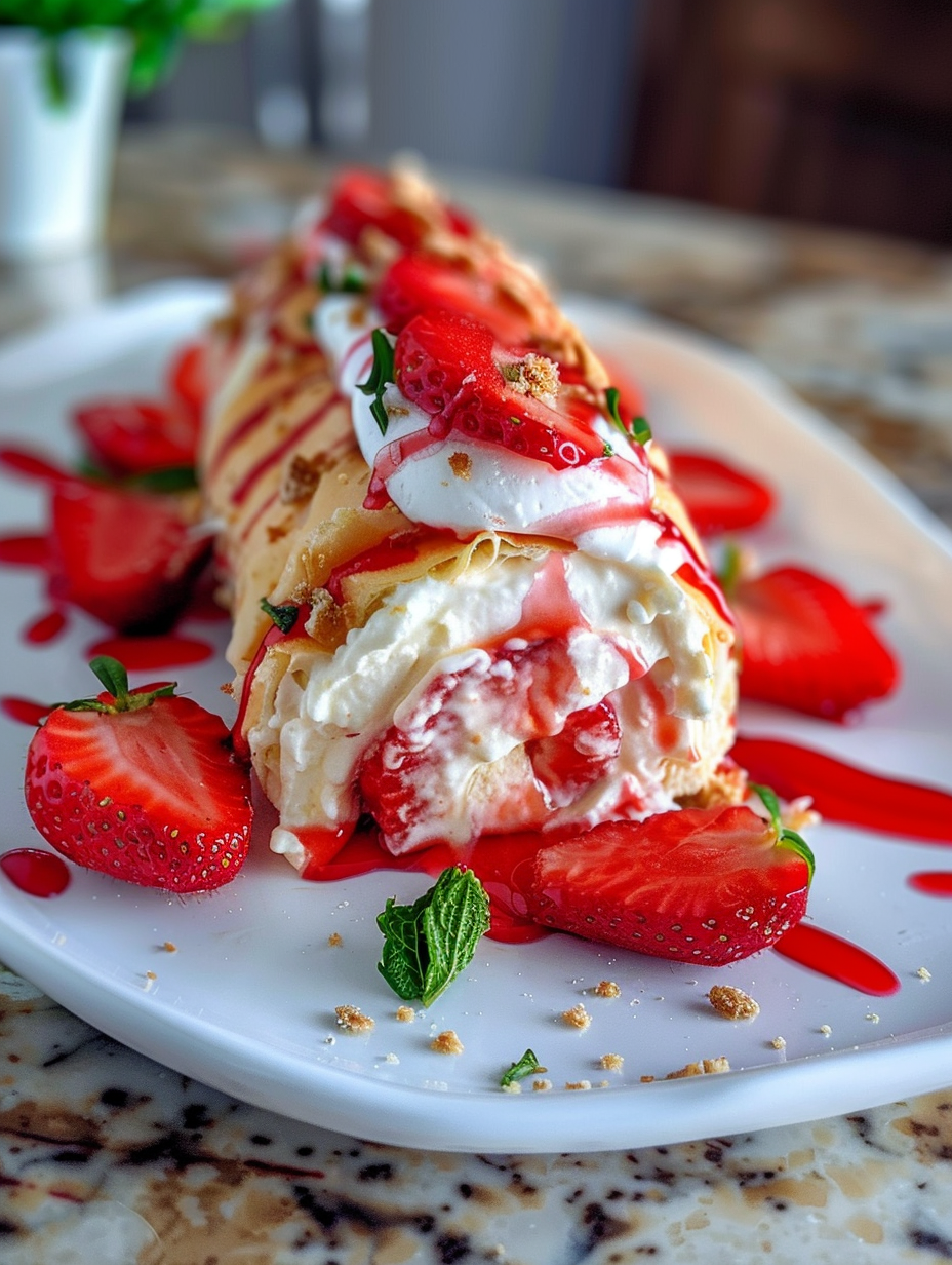 A plate of food with strawberries and whipped cream.