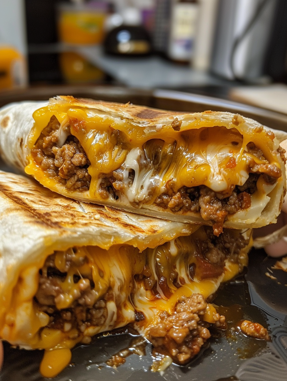 A burrito with cheese and meat on a plate.