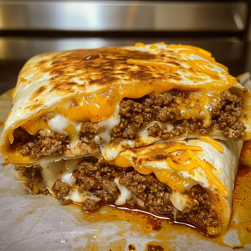 A burrito with cheese and meat on a paper towel.