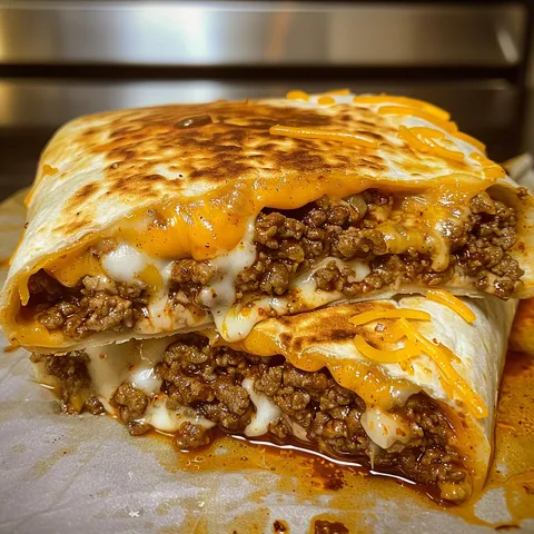 A burrito with cheese and meat on a paper towel.