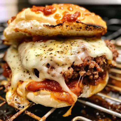 A cheeseburger with tomato sauce on a grill.