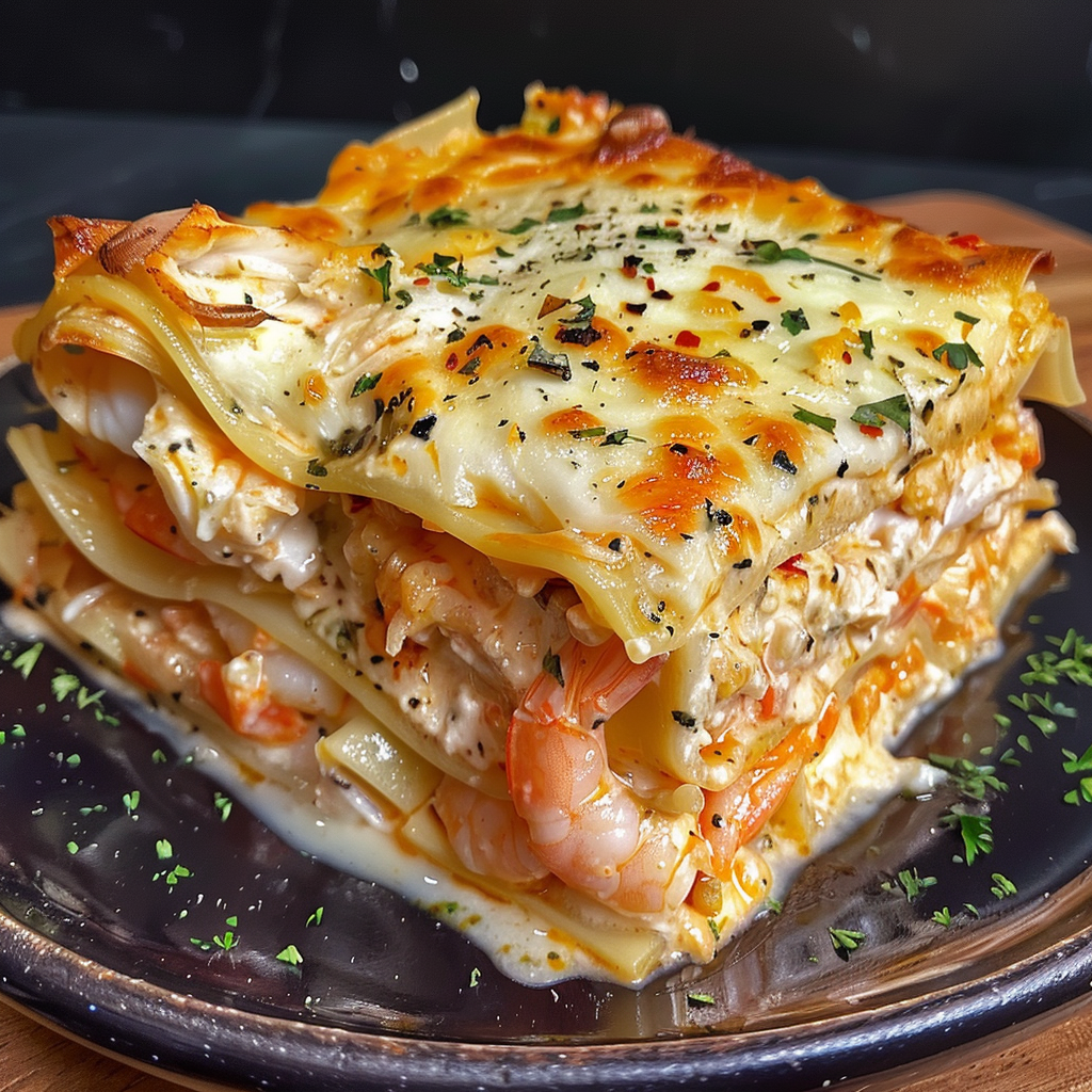 A stack of lasagna on a plate.