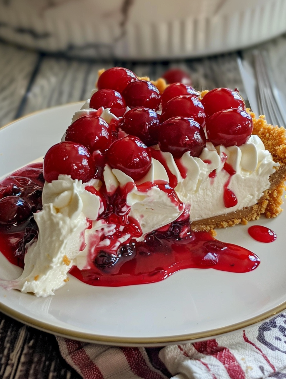 A slice of pie with cherries on top.