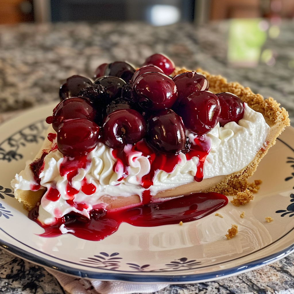 A slice of cherry pie with a dollop of whipped cream.