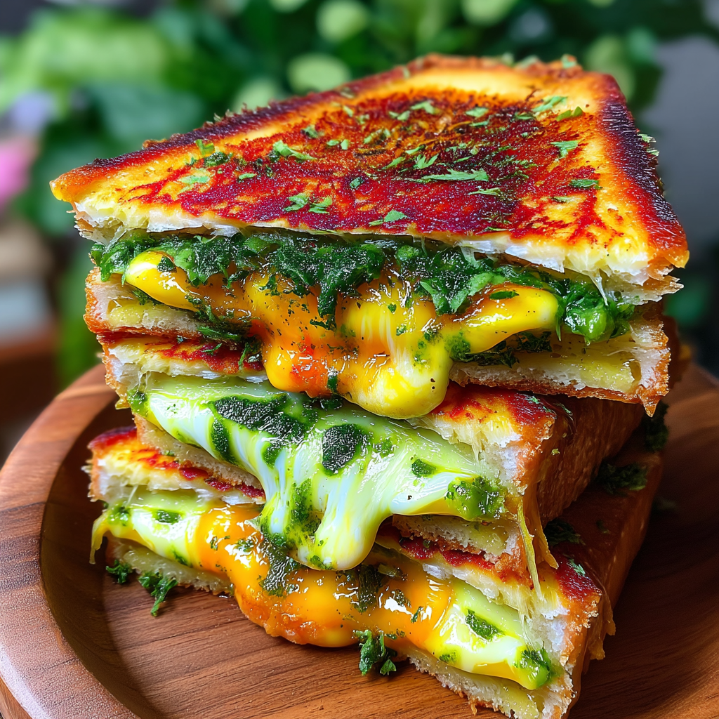 A stack of sandwiches with cheese and greens.