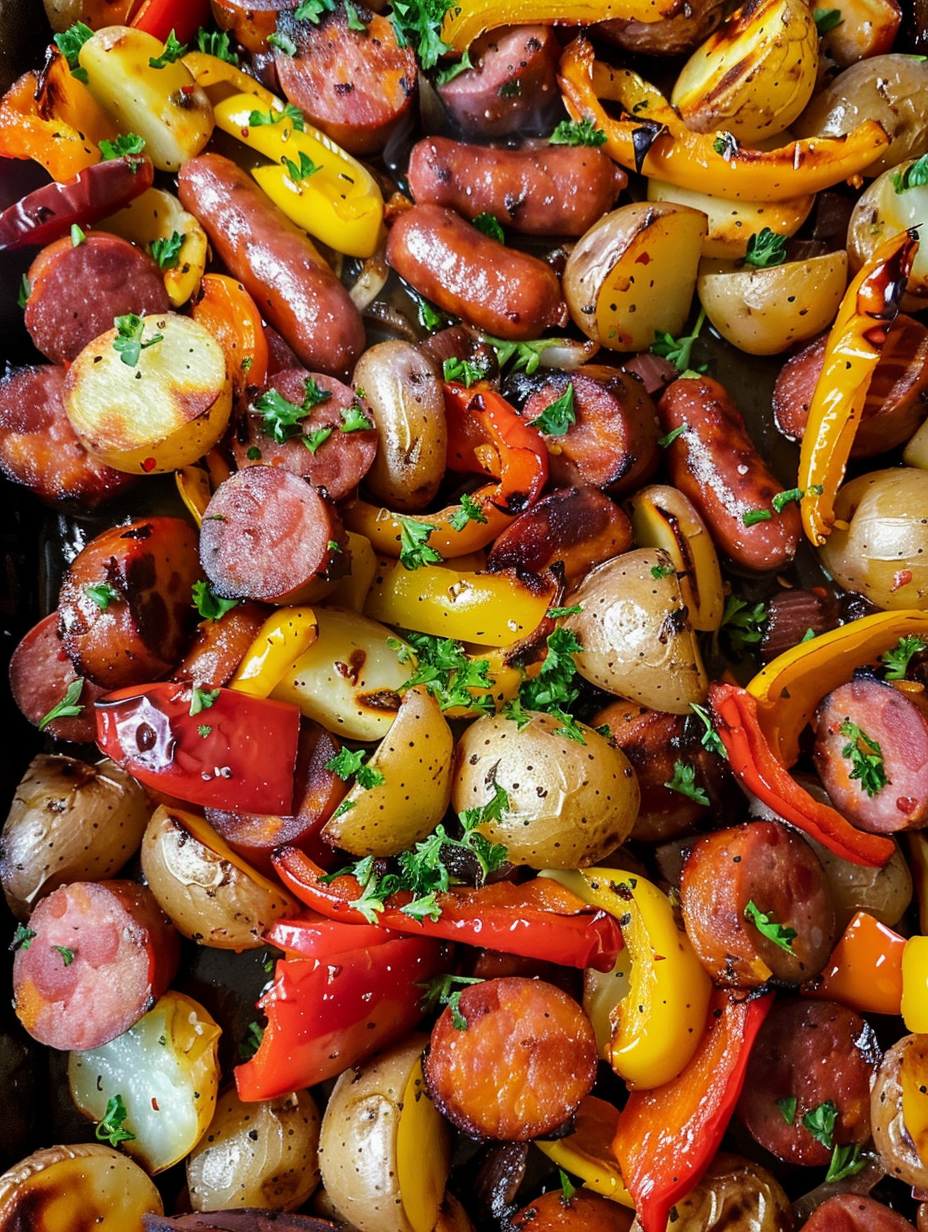 A dish of sausage, potatoes, and peppers.