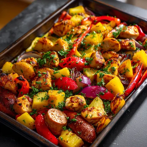 A pan of food with peppers, onions, and chicken.