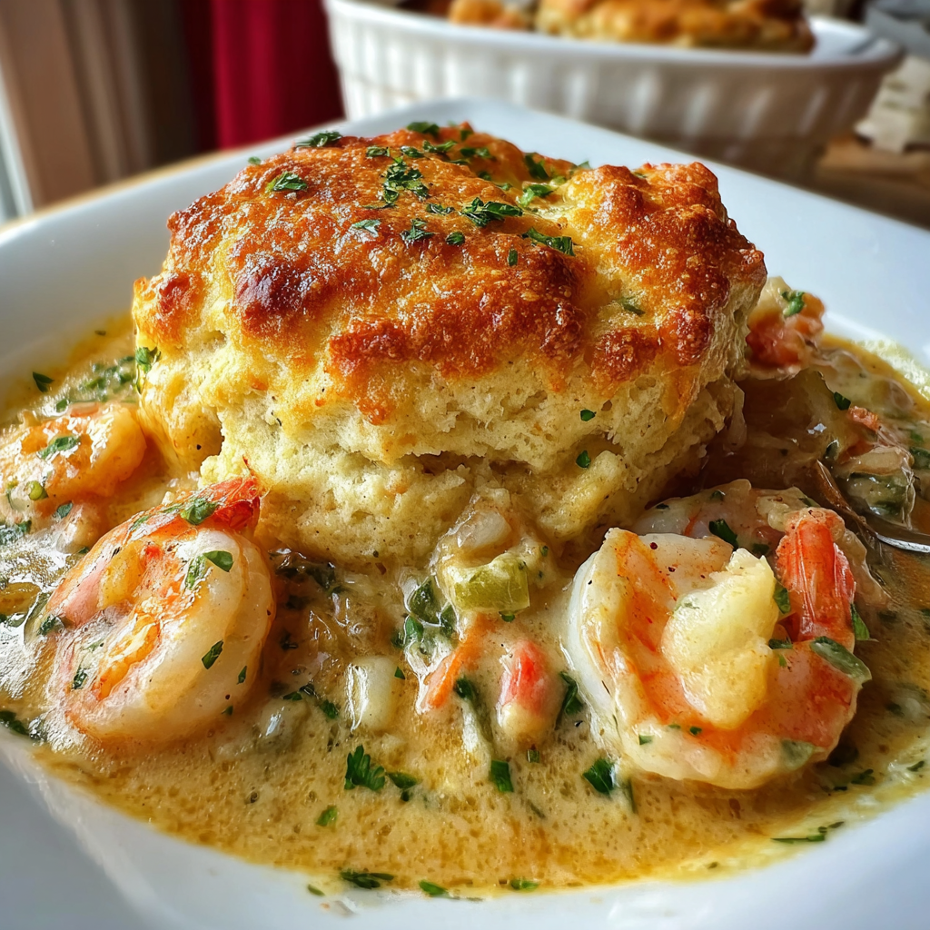 A white plate with a biscuit and shrimp.