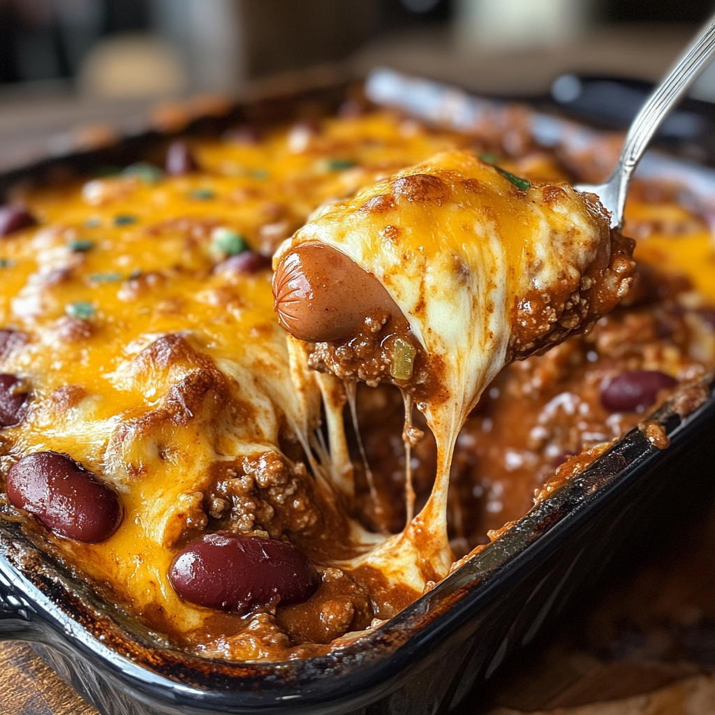 A close up of a delicious chili cheese casserole.