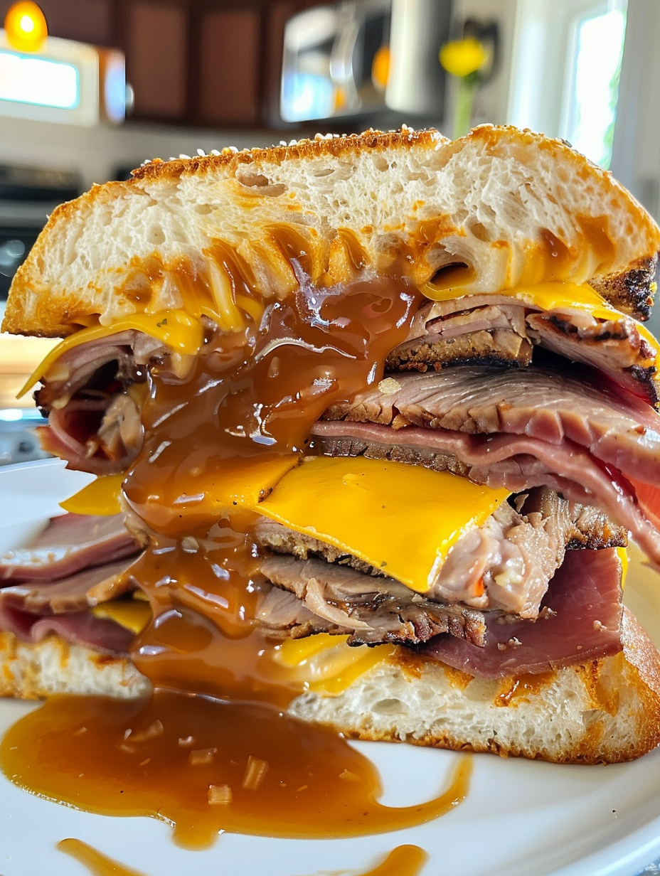 A sandwich with meat and cheese.