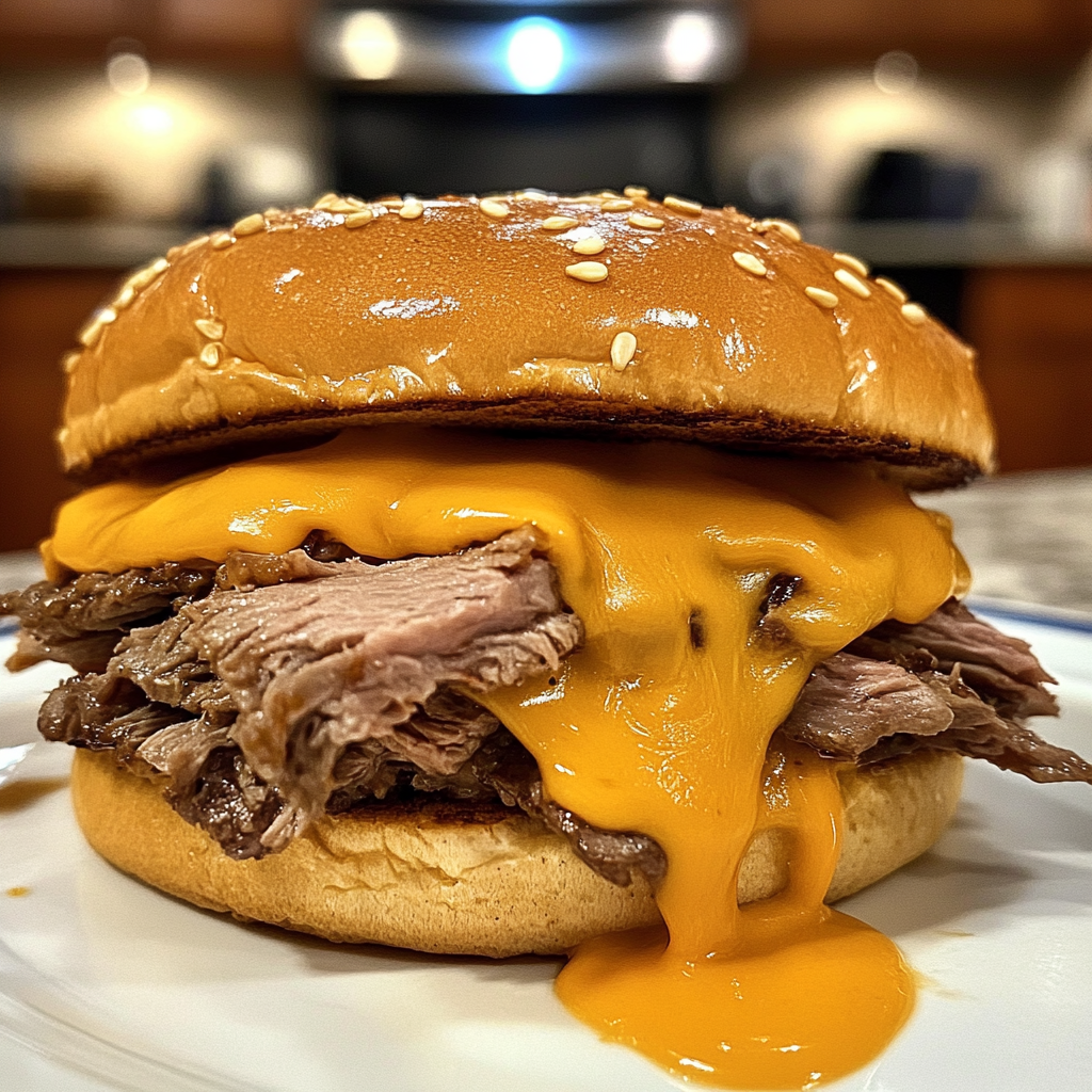 A cheeseburger with meat and cheese.