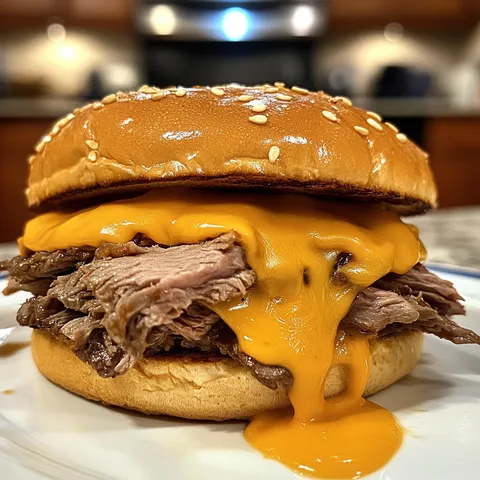 A cheeseburger with meat and cheese.