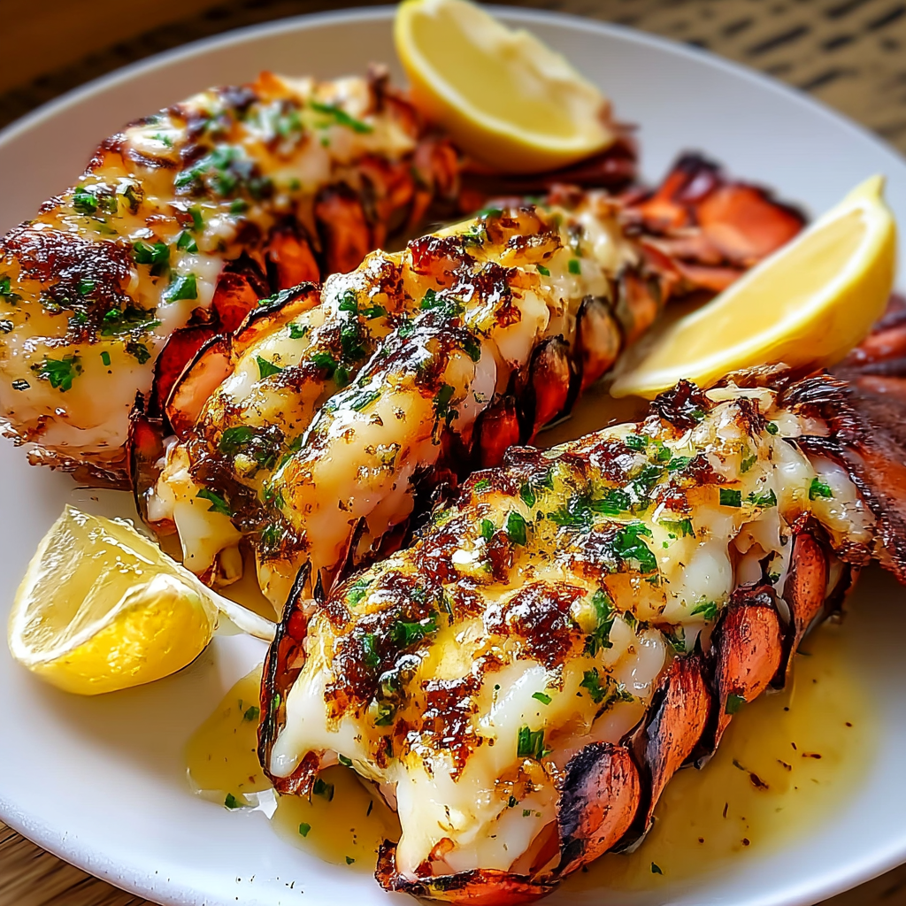 A plate of cooked lobster with lemon wedges.