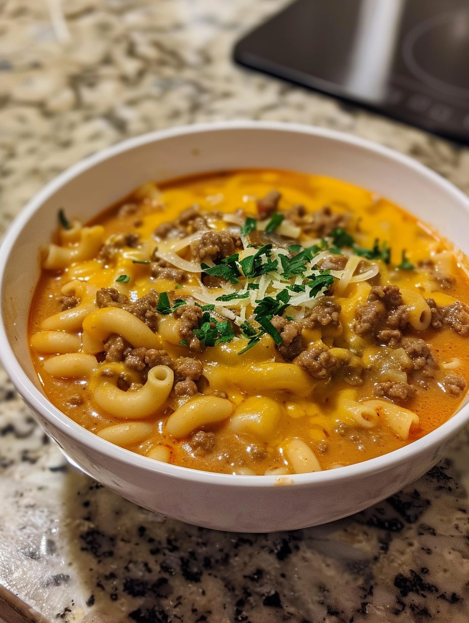 A bowl of pasta with meat and cheese.