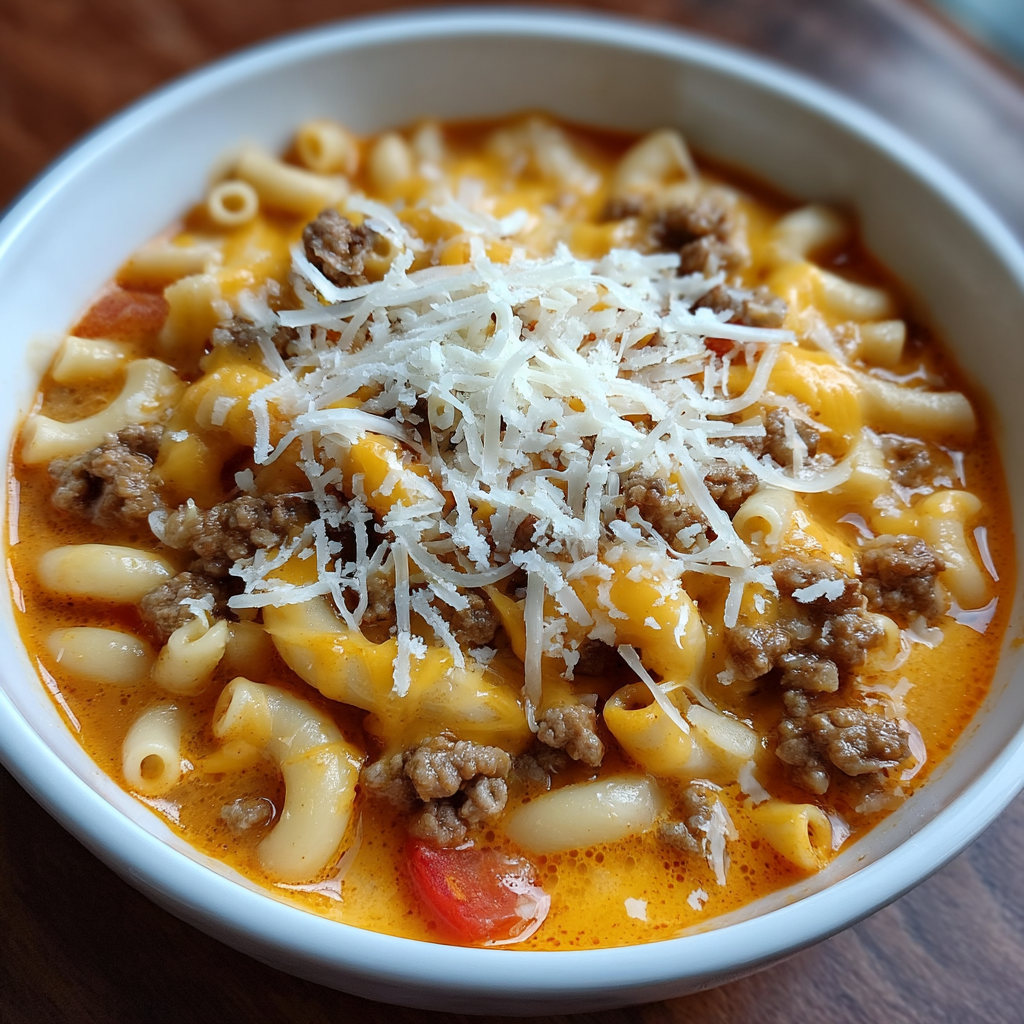 A bowl of macaroni and cheese with meat and cheese on top.