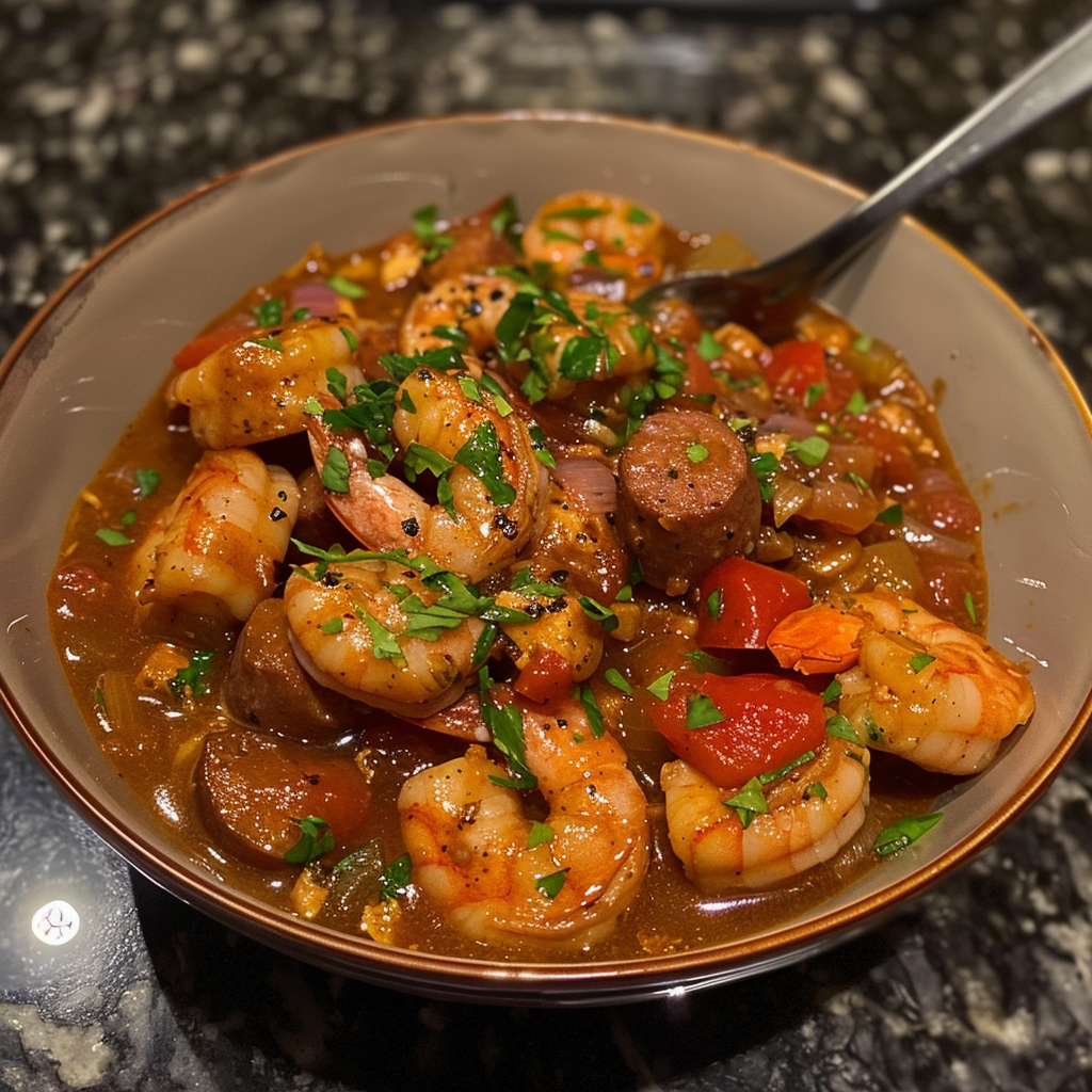 A bowl of shrimp and sausage.