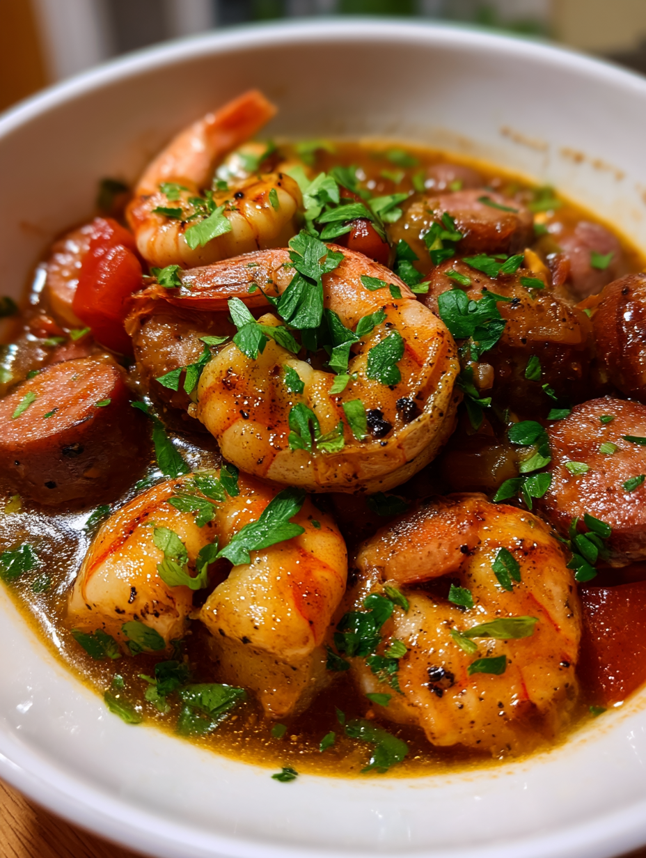 A bowl of shrimp and sausage.