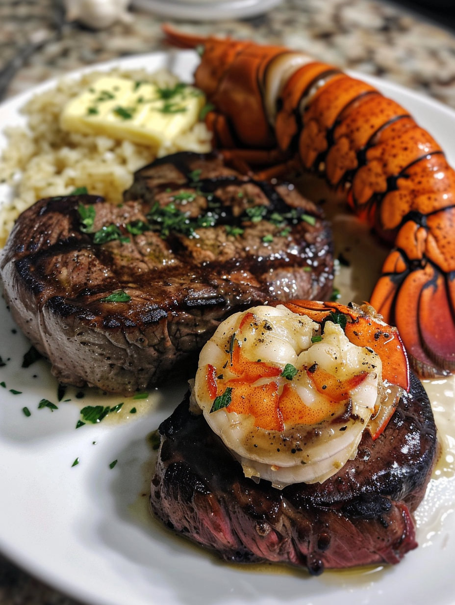 A plate of food with lobster and steak.