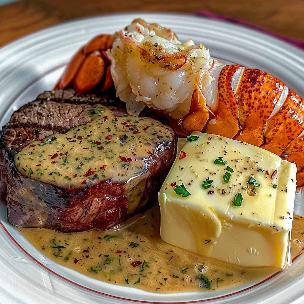 A plate of food with lobster, shrimp, and steak.
