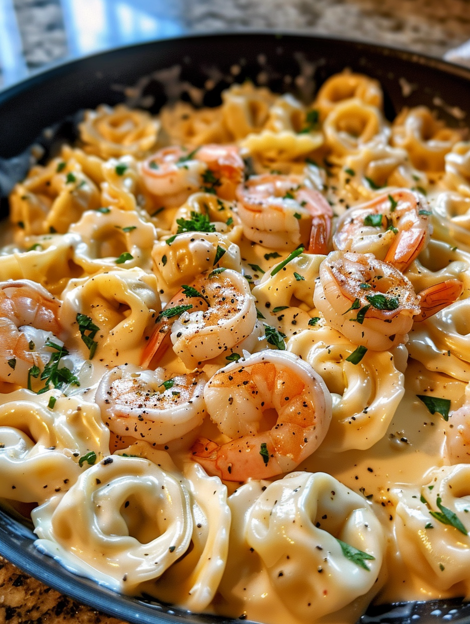 A bowl of shrimp and pasta.