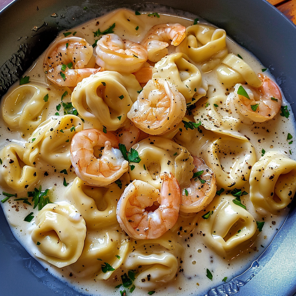 A bowl of shrimp and pasta.