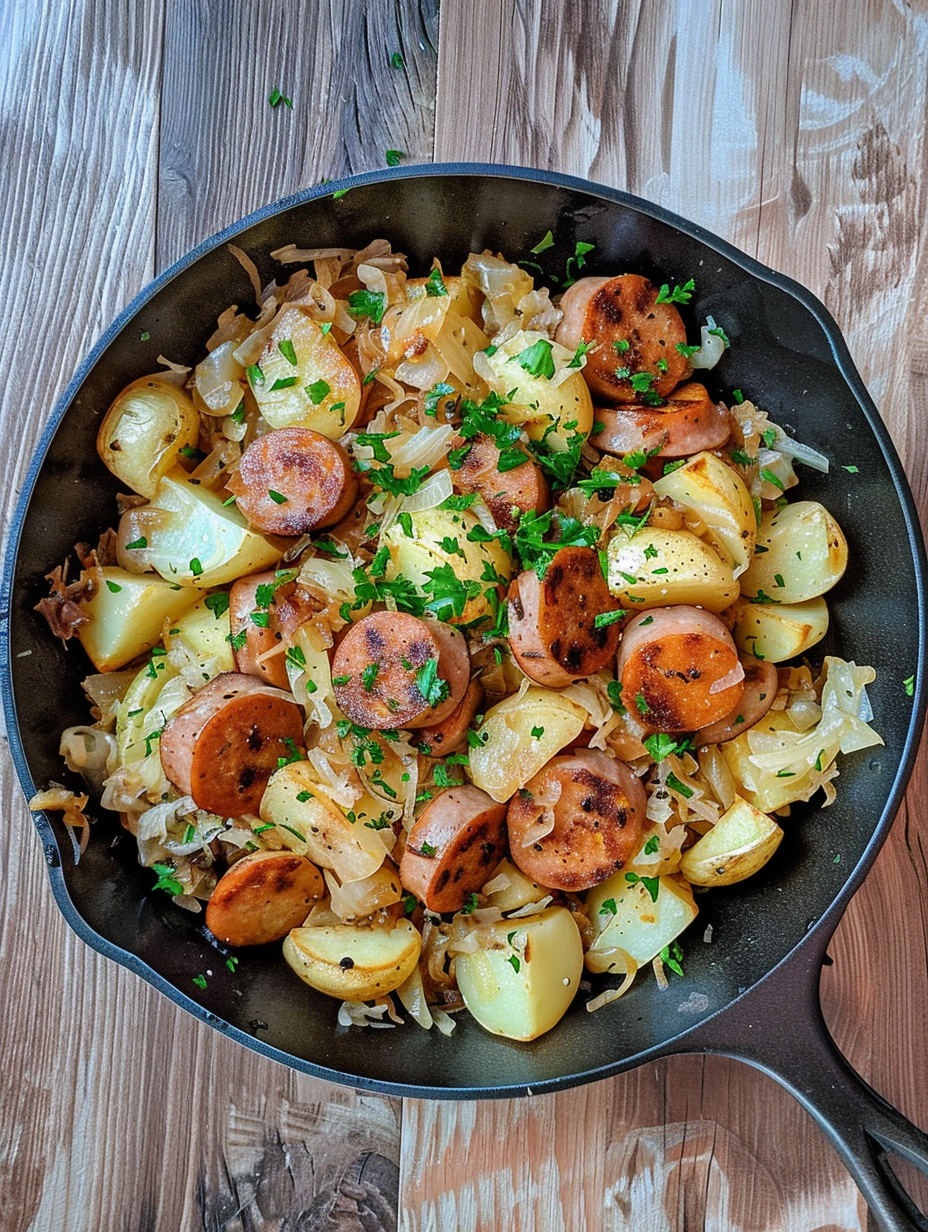 A black pot filled with sausage, potatoes and onions.