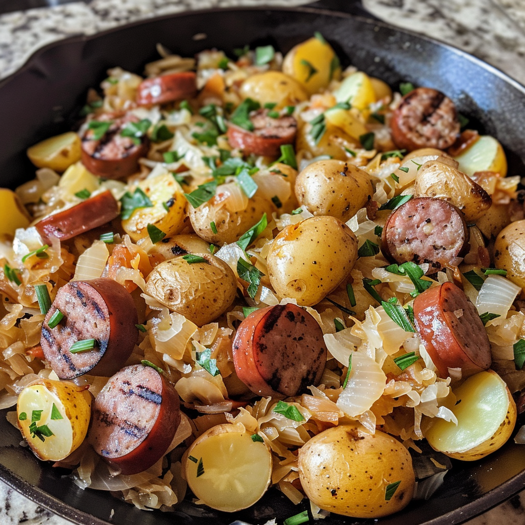 A black bowl of food with sausage and potatoes.