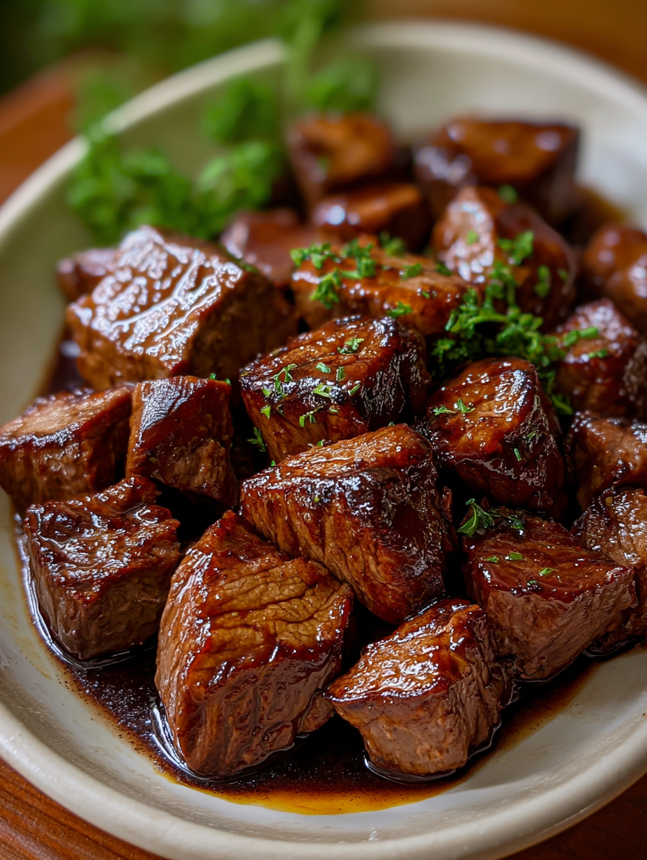 A bowl of meat with a green garnish.