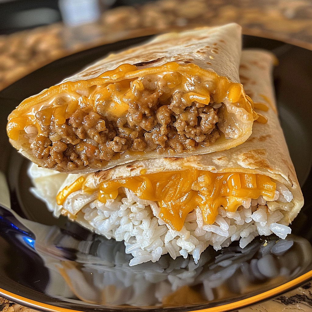 A plate with a burrito and rice.