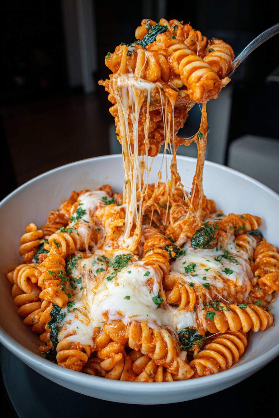 A bowl of pasta with cheese and sauce.