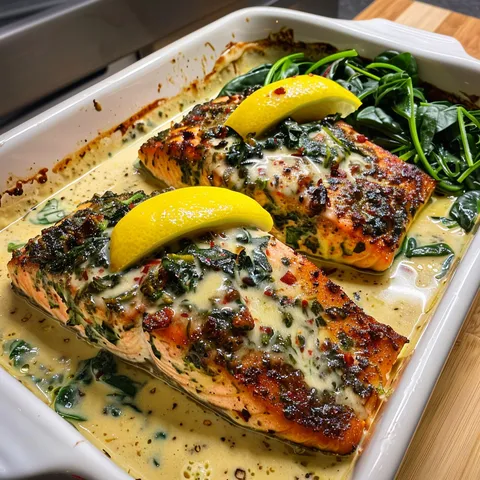 A pan of fish with lemon slices on top.