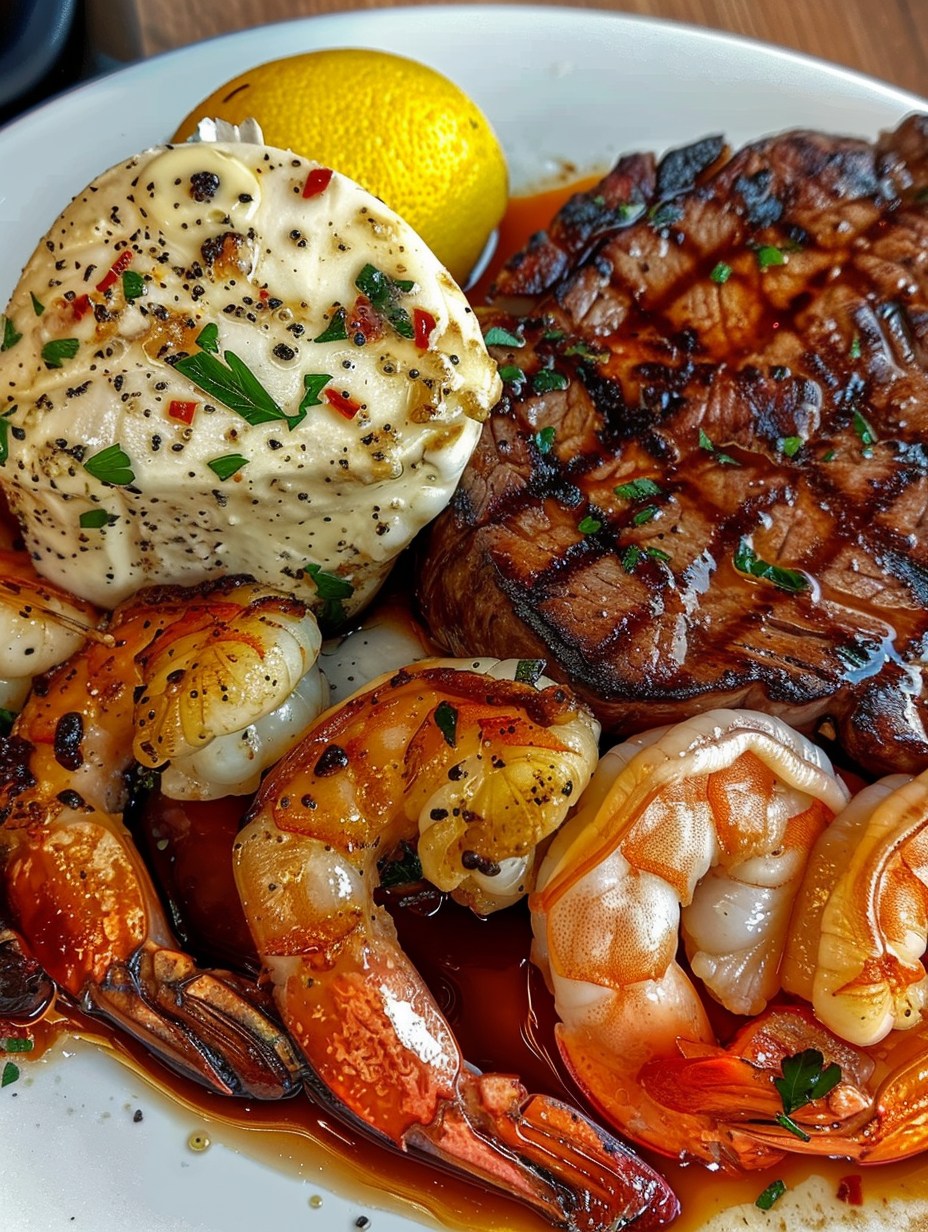 A plate of food with shrimp, steak, and cheese.